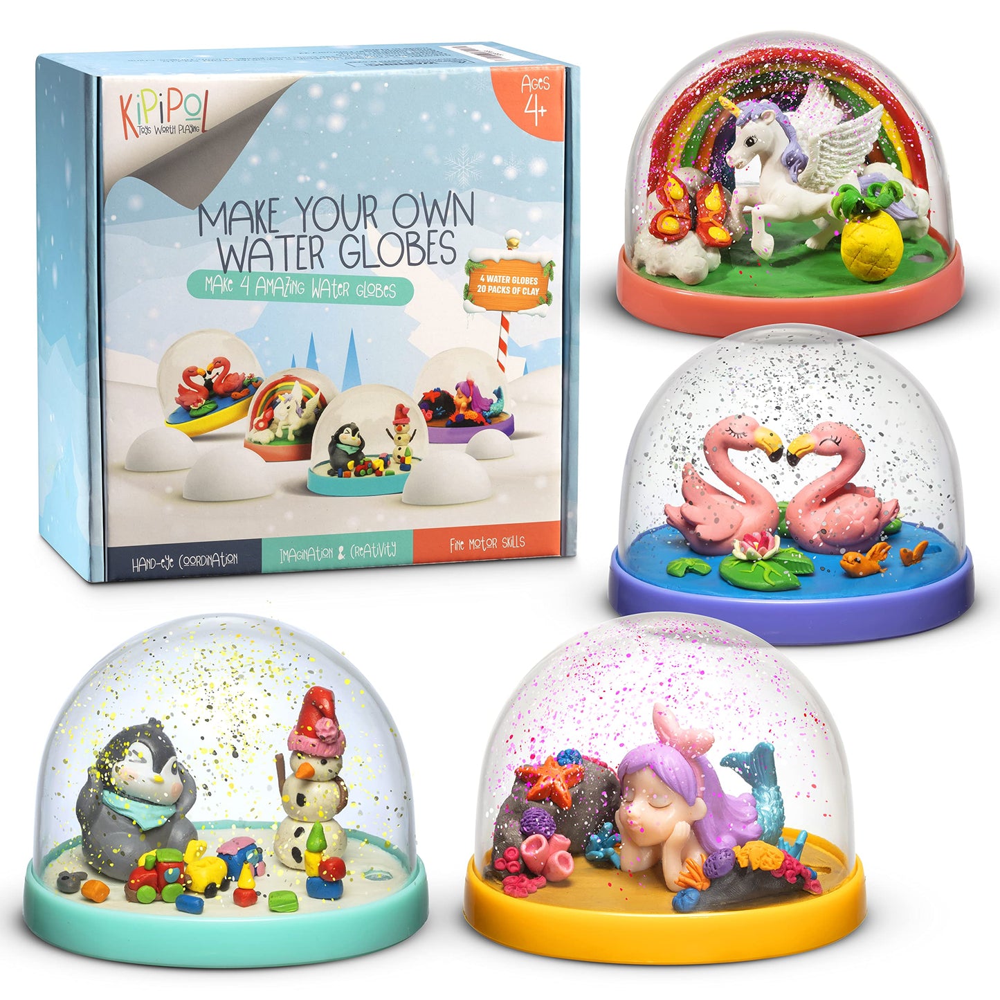 Kipipol Snow Globe Making Kit for Kids - Make Your Own Snow Globes for Girls w/ 4 DIY Snowglobe, 5 Figures, 20 Packs of Modeling