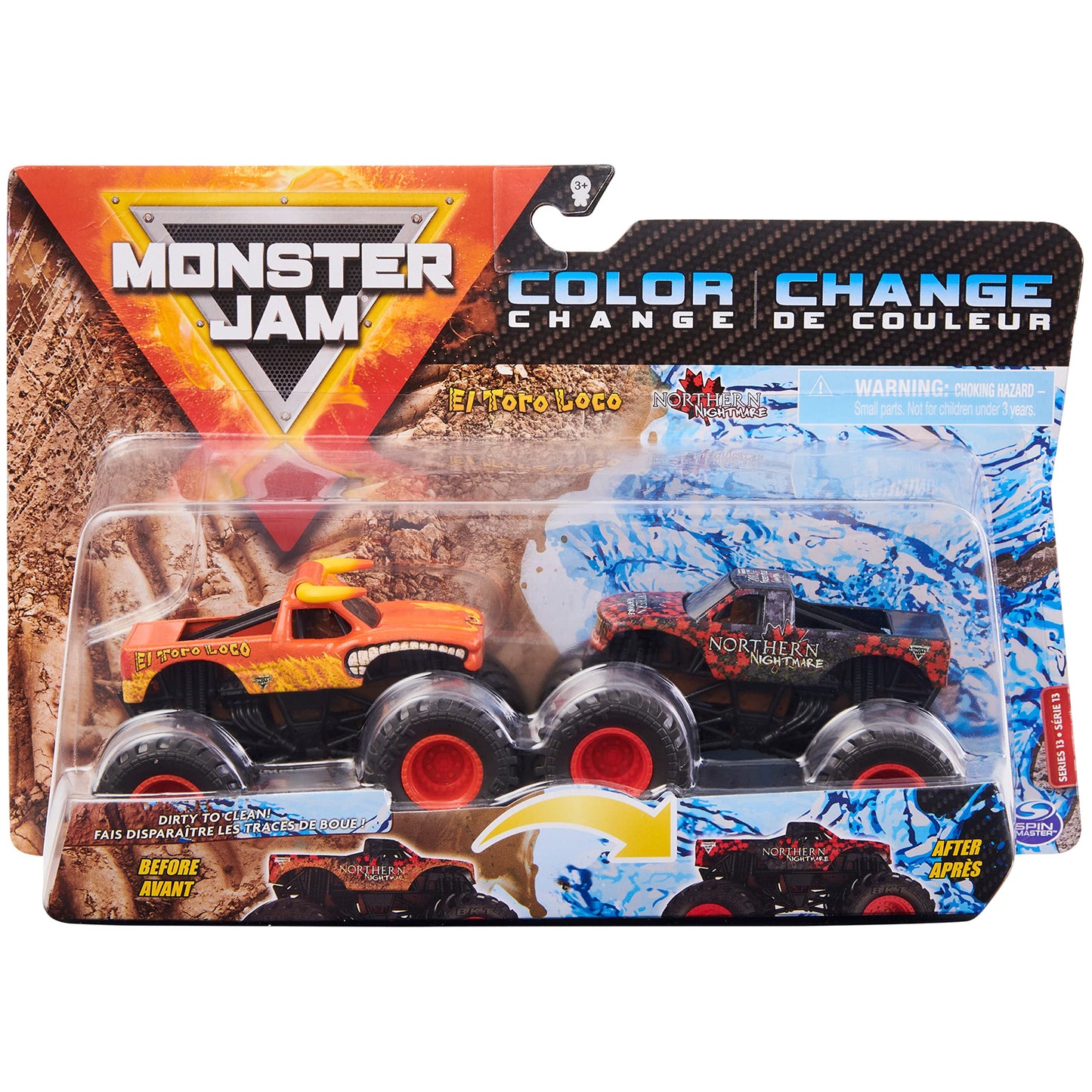 Monster Jam Color-Changing Die-Cast Monster Trucks, El Toro Loco vs. Northern Nightmare, 1:64 Scale, Plastic, Model 6060884
