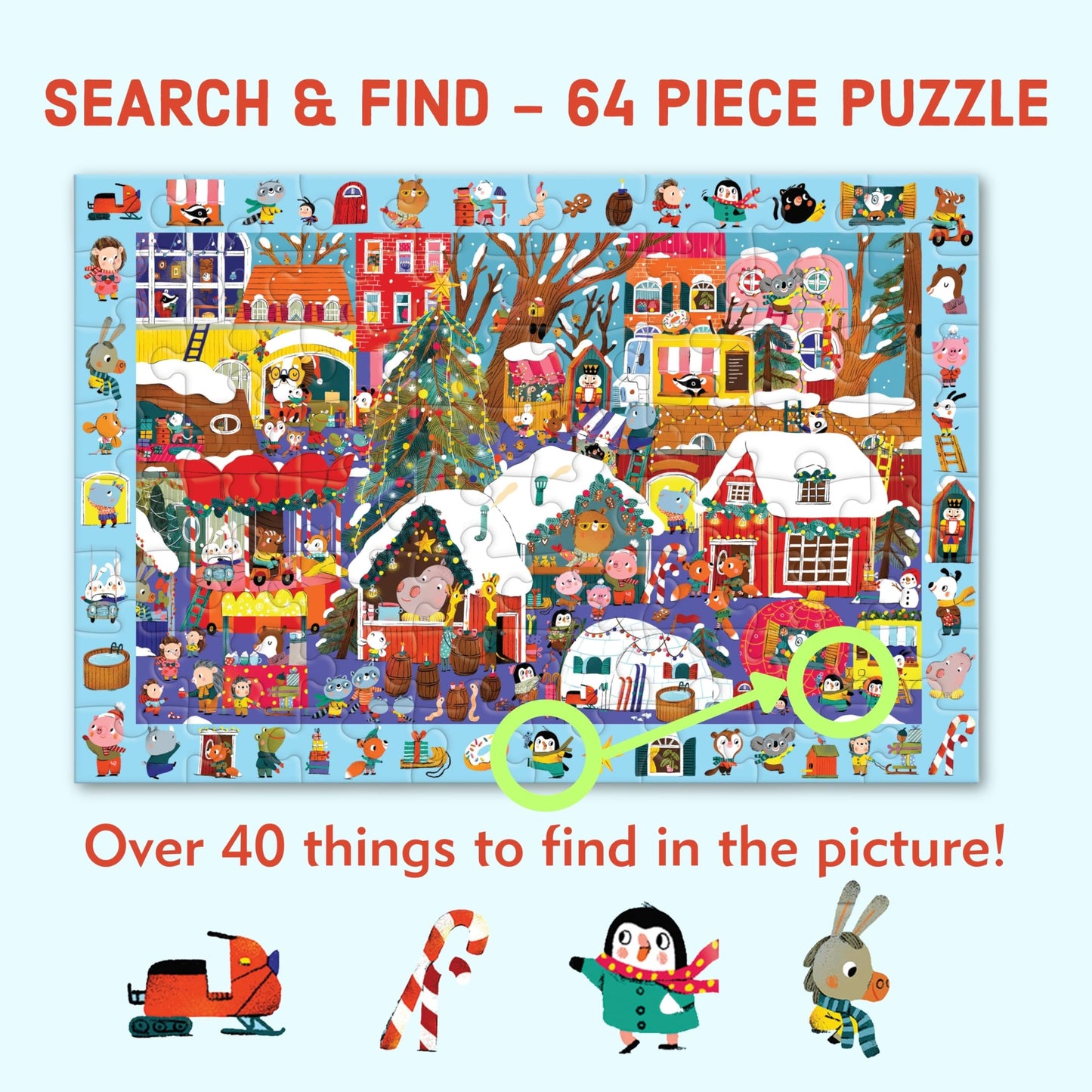 Mudpuppy Christmas Market - 64 Piece Search & Find Jigsaw Puzzle Featuring Festive Critters Shopping Around The Christmas Market