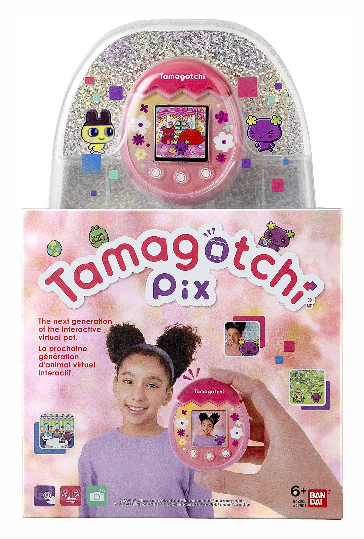 Tamagotchi 42901 Bandai Pix The Next Generation Of Virtual Reality Pet With Camera, Games And Collectable Characters-Floral, Pink
