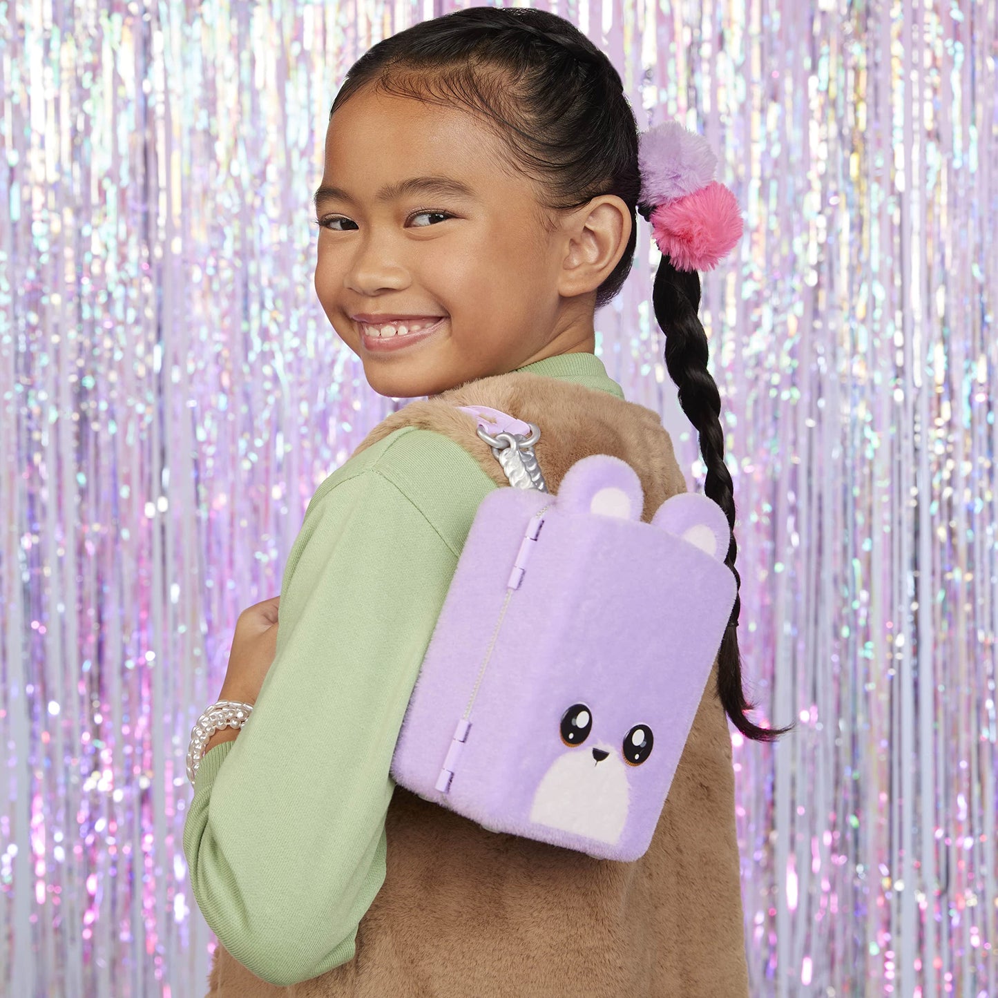 Na! Na! Na! Surprise Mini Backpack Bedroom Lizzy York Fashion Doll, Fuzzy Purple Bear Backpack, Gift For Kids, Ages 5 6 7 8+ Years