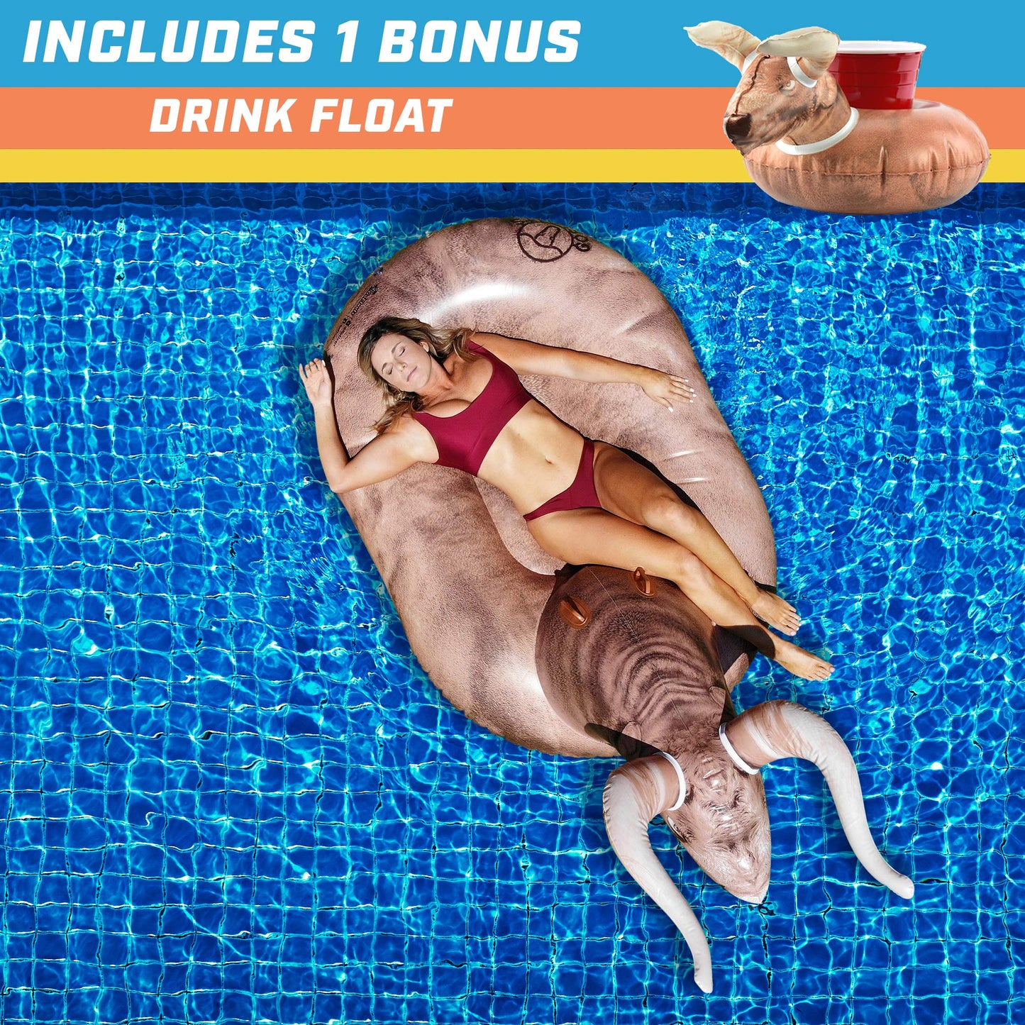 GoFloats Giant Inflatable Pool Floats - Choose Unicorn, Dragon, Flamingo, Swan, or Bull - Includes Drink Float