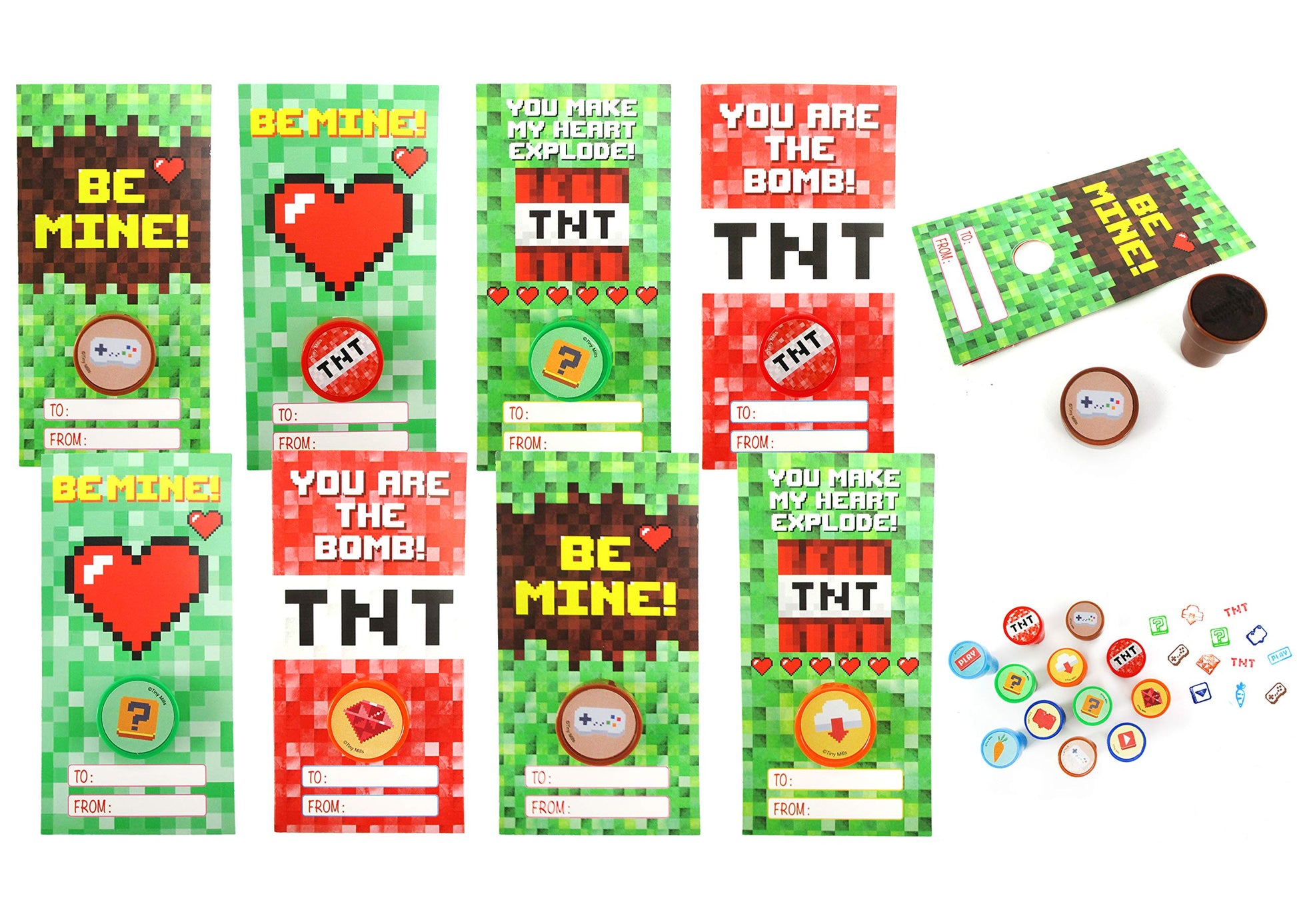 Tiny Mills 36 PACK Pixel Miner Cards with Pixel Miner Stampers for Valentines Day Classroom Exchange Party Favor Prizes