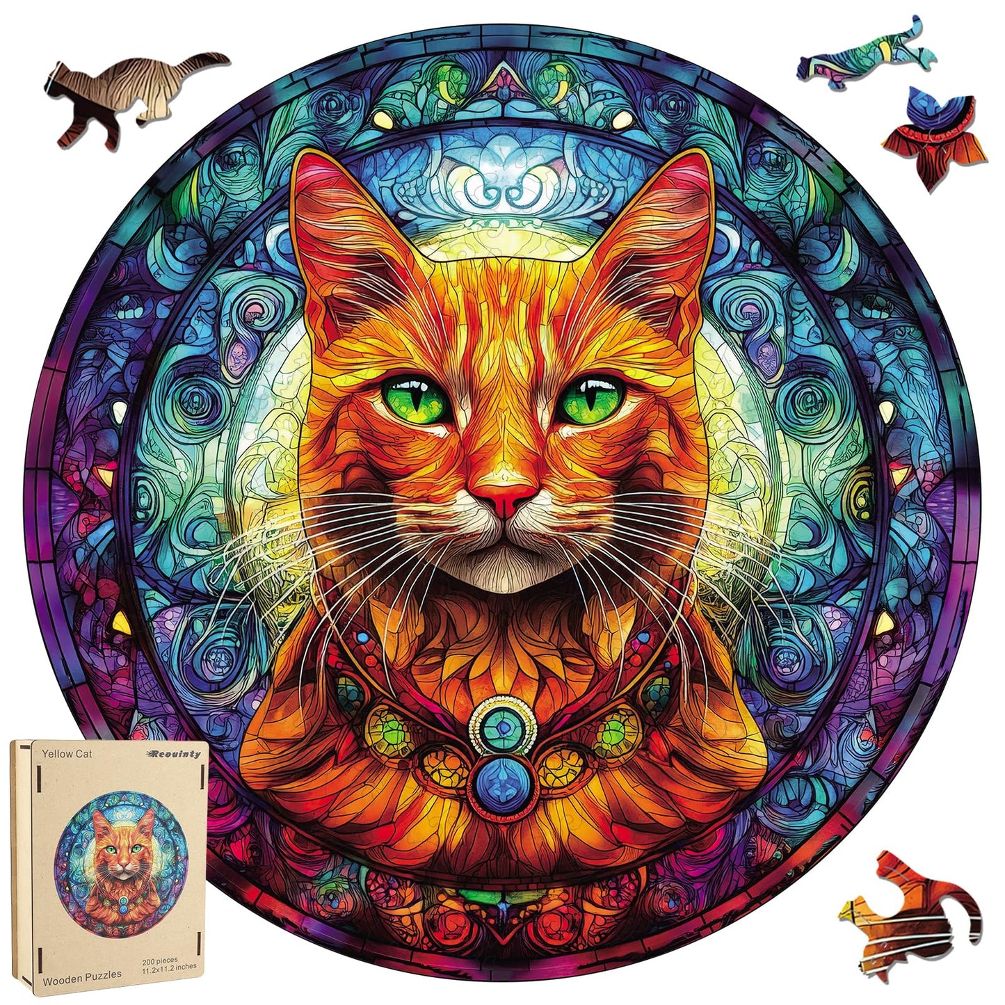 Reouinty Wooden Puzzles for mature-themeds  Yellow Cat Jigsaw Puzzles 200 Pieces  Unique Shaped Animal Wood mature-themed Puzzle  Best Gifts for mature-themeds Family Games (11.2 * 11.2 inches)