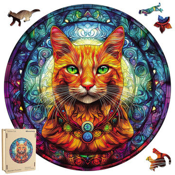 Reouinty Wooden Puzzles for mature-themeds  Yellow Cat Jigsaw Puzzles 200 Pieces  Unique Shaped Animal Wood mature-themed Puzzle  Best Gifts for mature-themeds Family Games (11.2 * 11.2 inches)