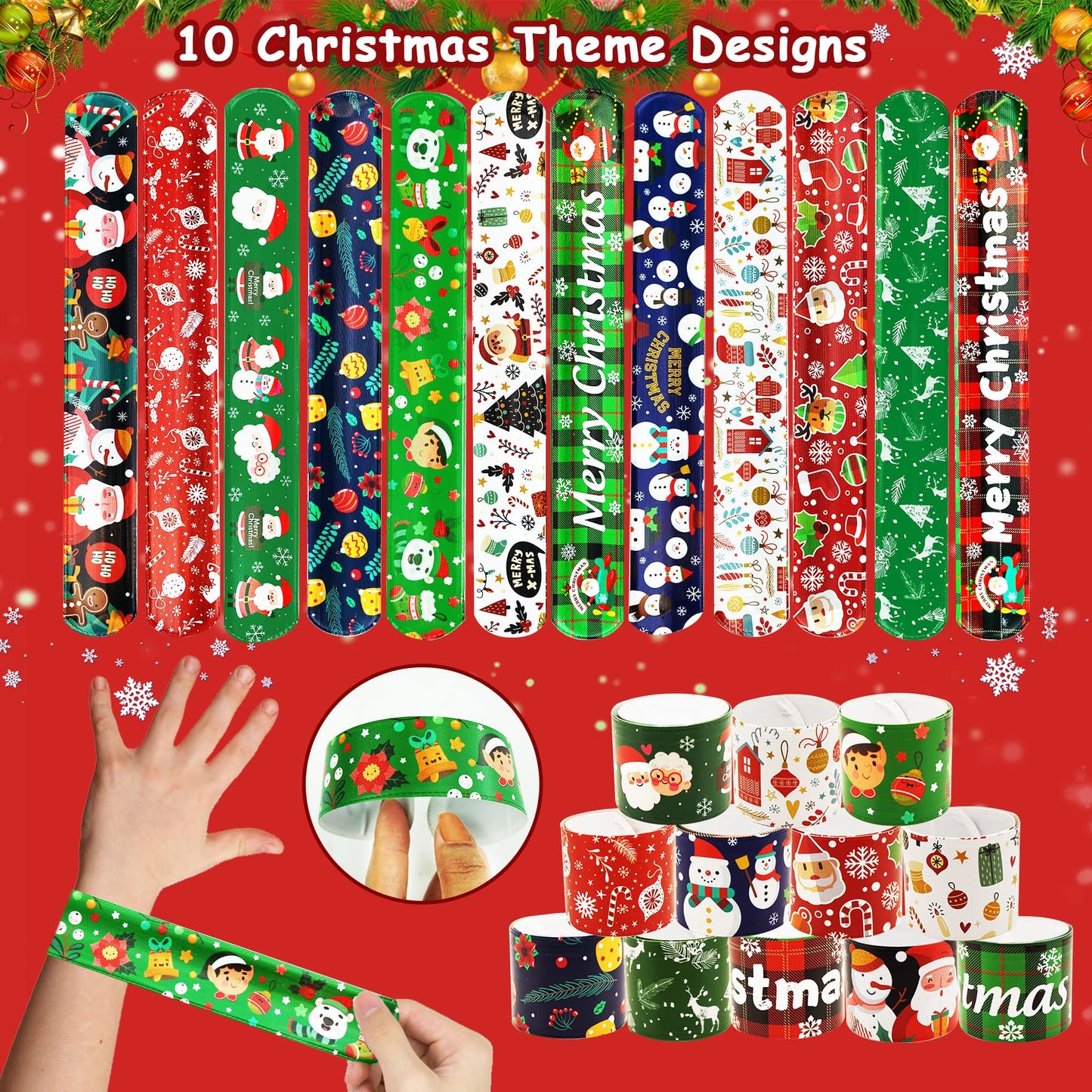 JUNEBRUSHS 50 Pack Christmas Party Favors Christmas Slap Bracelets Rubber Wristbands Assorted for Kids Slap Bands Silicone Snap