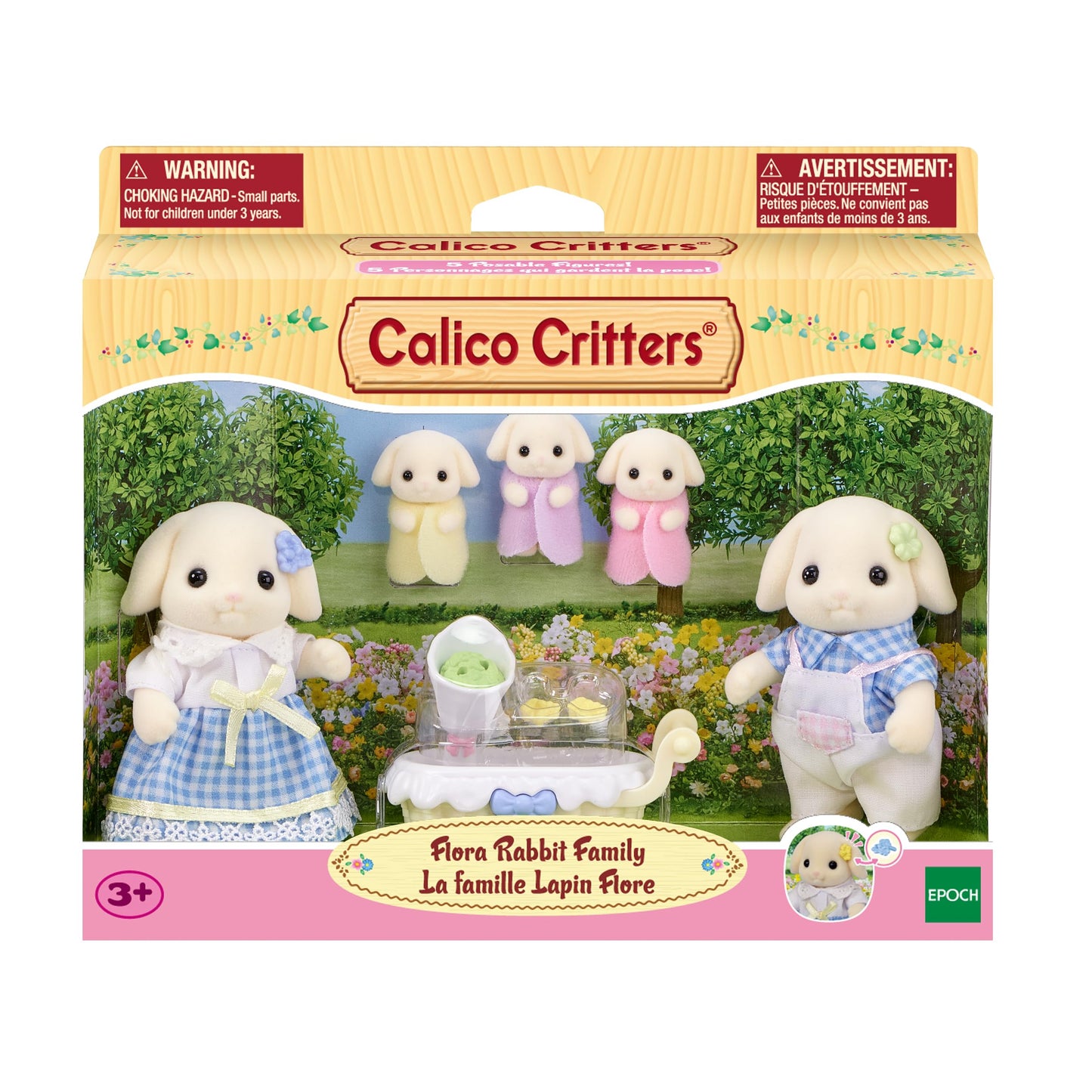 Calico Critters Flora Rabbit Family - Set of 5 Collectible Doll Figures, Multicolor, Ages 3+, Model CC2158, Plastic Material