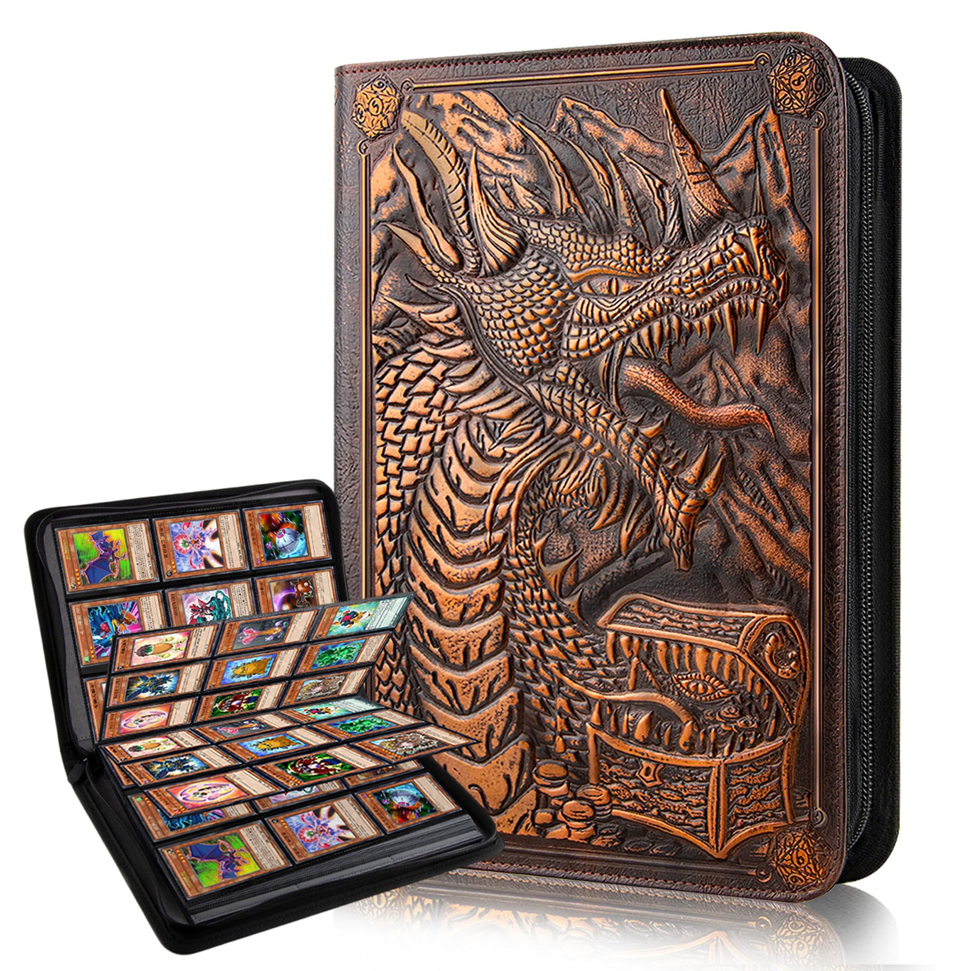 9 Pocket Card Binder  enhanced Zip Trading Card Binder  360 Double Sided Pocket PU Collection Binder  Dragon Design Collector Album  Card Folder for MTG  TCG  Sports Cards (red copper)