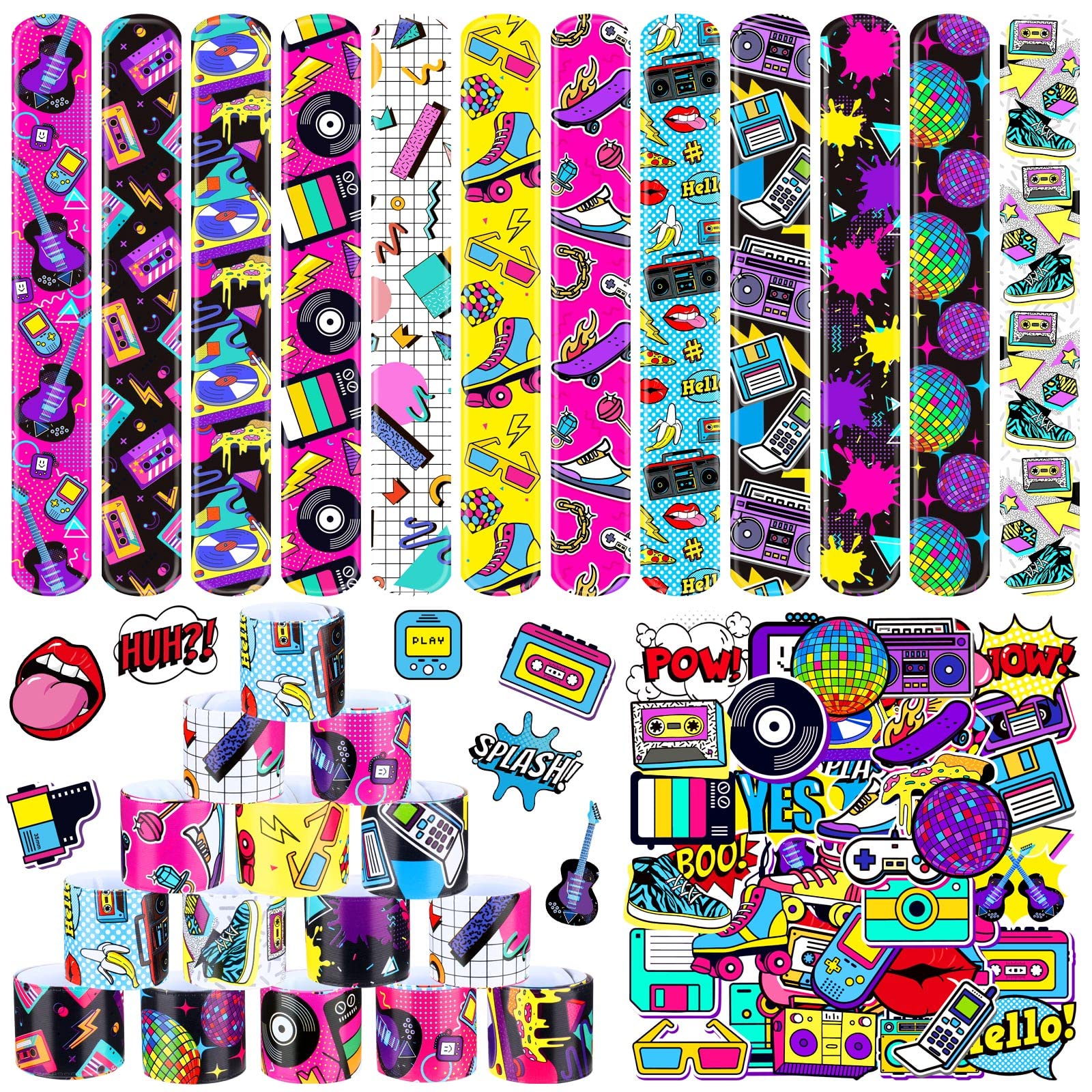 Sinmoe 86 Pcs 80s 90s Party Favors Slap Bracelets Bulk Back to 80s 90s Throwback Theme Party Favors Snap Bracelets Bracelets wit