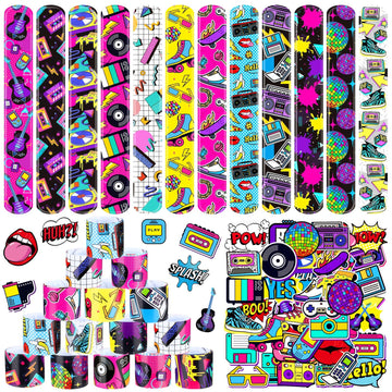 Sinmoe 86 Pcs 80s 90s Party Favors Slap Bracelets Bulk Back to 80s 90s Throwback Theme Party Favors Snap Bracelets Bracelets wit