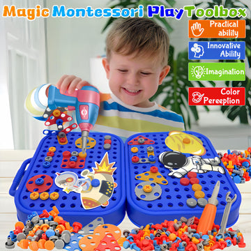 AquaArcc Drill Toy for Boys Age 4-8, 351pc Kids Montessori Construction Toy Electric Drill Toy with Fix Tool Box, Boys Toy Space