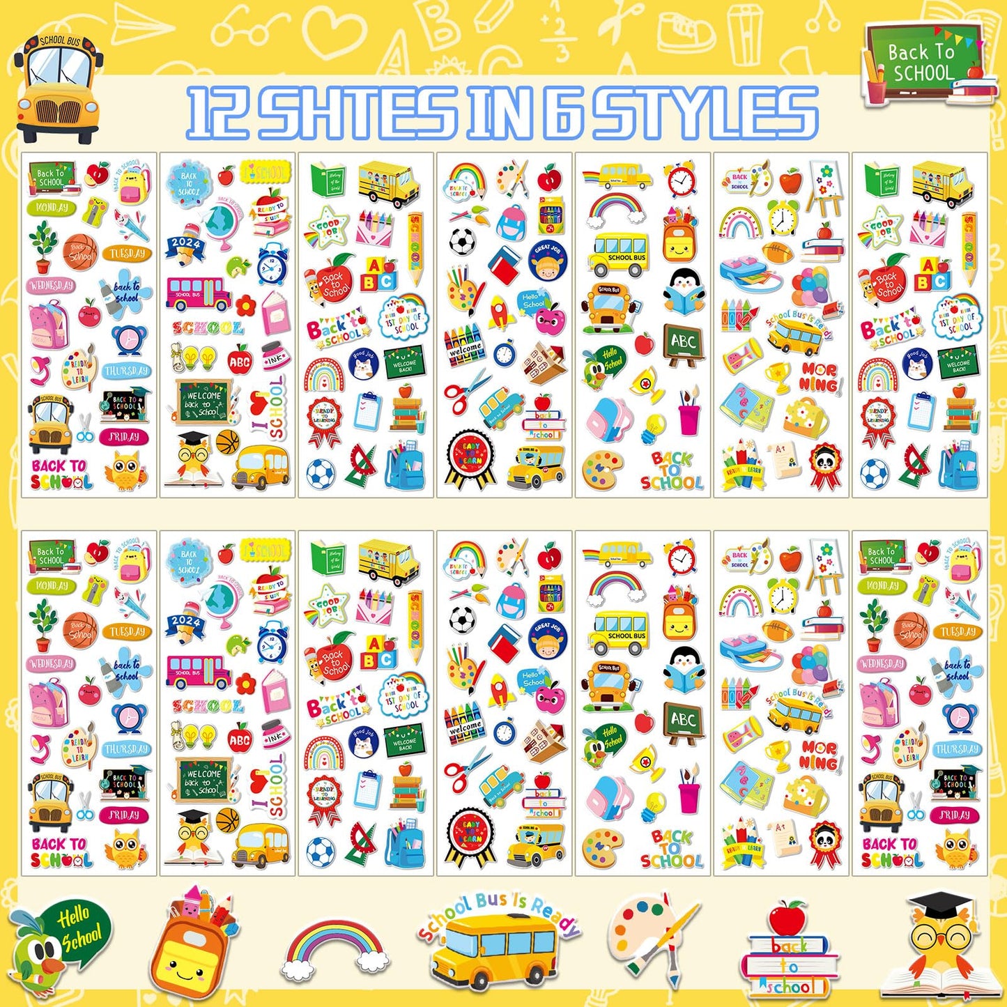 UPINS 12 Sheets Back to School 3D Cute Puffy Stickers - First Day of School Teacher Foam Stickers - Welcome Back Gifts for Stude