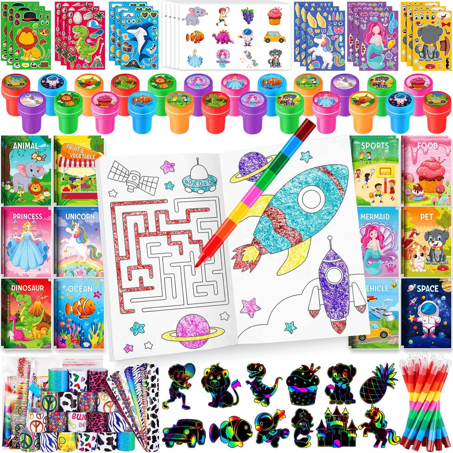 BenLouis 192Pcs Kids Party Favors Mini Coloring Books Crayon Slap Bracelets Stickers Set Bulk for Kids 4-8-12 Classroom Birthday