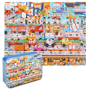 Lelemon 100 Piece Kids Puzzle, Communications, Educational Jigsaw Puzzle For Ages 4-8, Metal Storage Box, Portable, 11.2X8.8 Inches, 100 Count