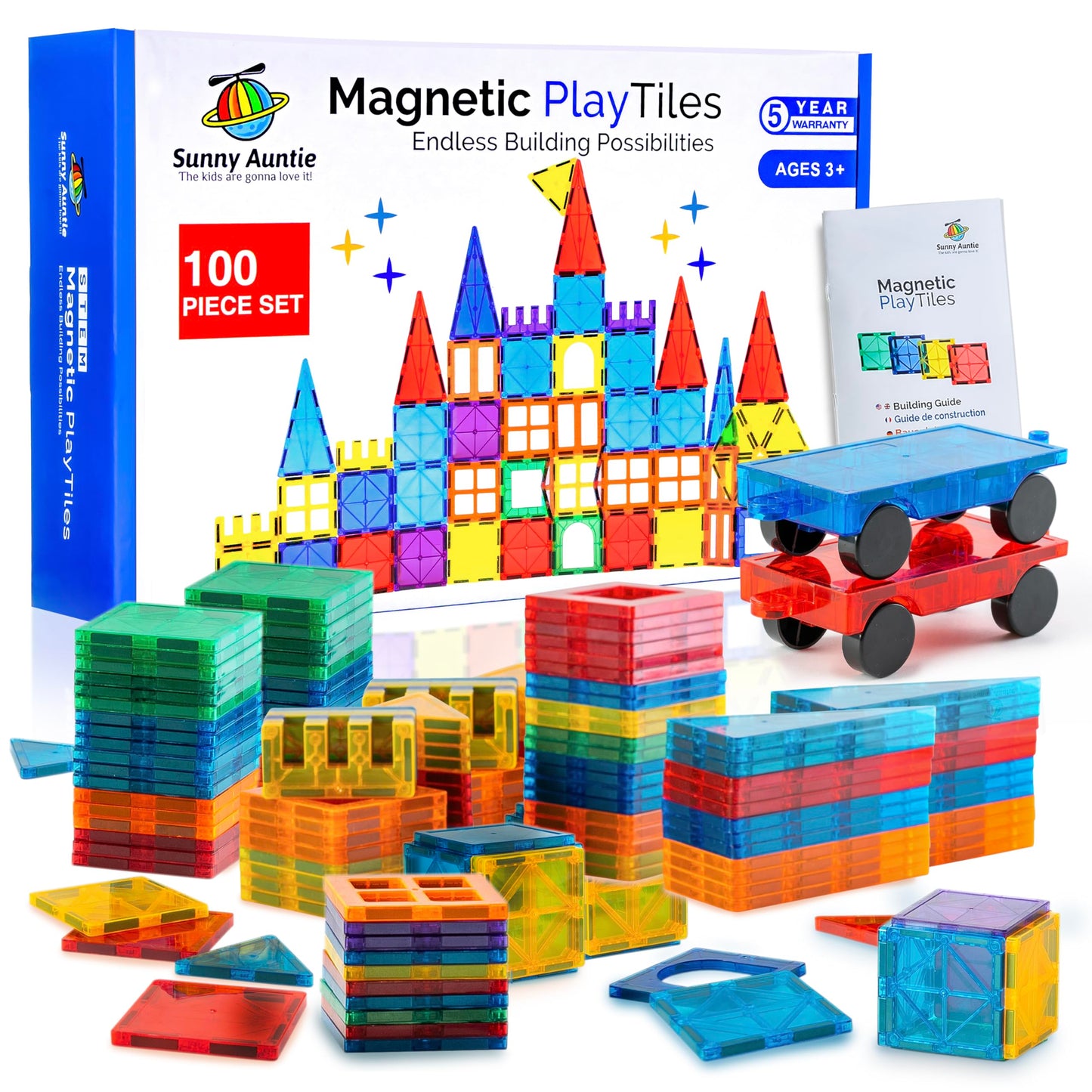 Sunny Auntie Magnetic Tiles 100 Pcs With 2 Cars, Magnetic Tiles For Kids & Toddlers, Toy For 3 4 5 6 7 8 Year Old Boys & Girls, Gift Box