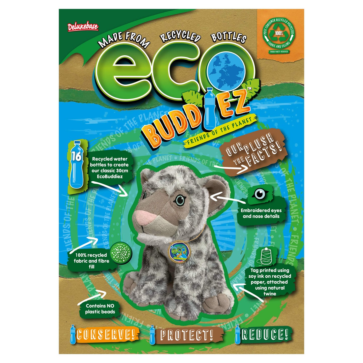 Ecobuddiez - Leopard From Deluxebase. 8-Inch Sustainable Plush Animal From Recycled Materials, Eco-Friendly Soft Stuffed Toy, Ch