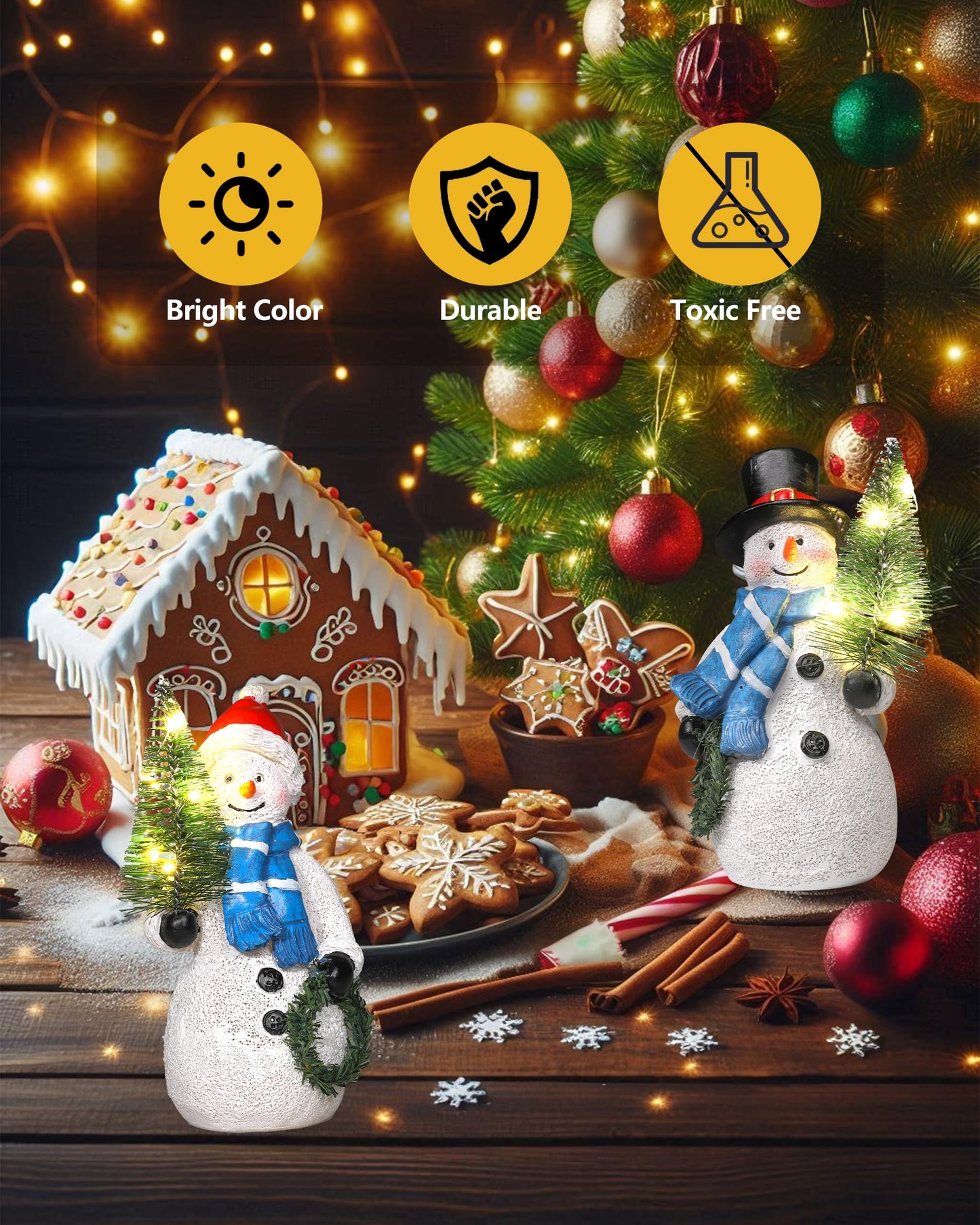 Gognome Duo 5'' Resin Snowman Figurines With Lighted Christmas Tree Wreath - Christmas Decorations Indoor Snowman Decor Ornament