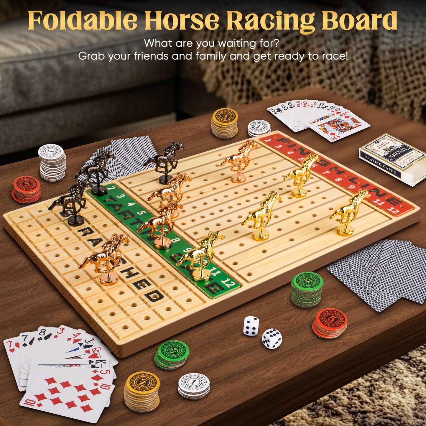 Horse Racing Game, Large Solid Wood Horse Games, Horse Race Board Game With 11 Metal Race Horses, Two Dice And Two Boxes Of Card
