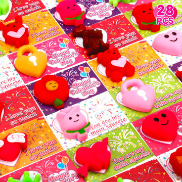 Octeric 28 Packs Valentines Day Gards With Mochi Squishy Toy, Kawaii Stress Relief Squeeze For Kids, Exchange Gifts Classroom Pr