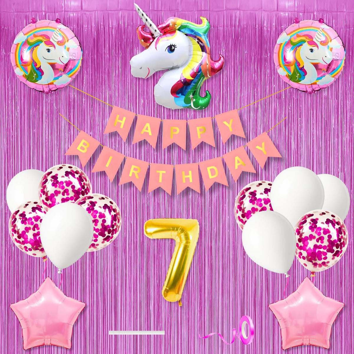7th Unicorn Theme Happy Birthday Banner Decoration Kit Combo Light Pink for 7 year Old Baby Boys Girls Kids 5 Pc Unicorn Theme 1