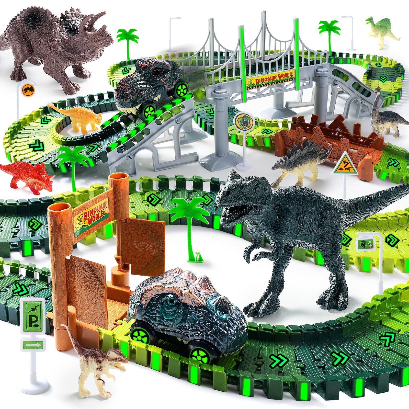 218 PCS Race Tracks Dinosaur Toys for Kids 3-5, Glow in The Dark Magic Toy Set, 2 Dinosaur Cars Track, Flexible DIY Track Set, B