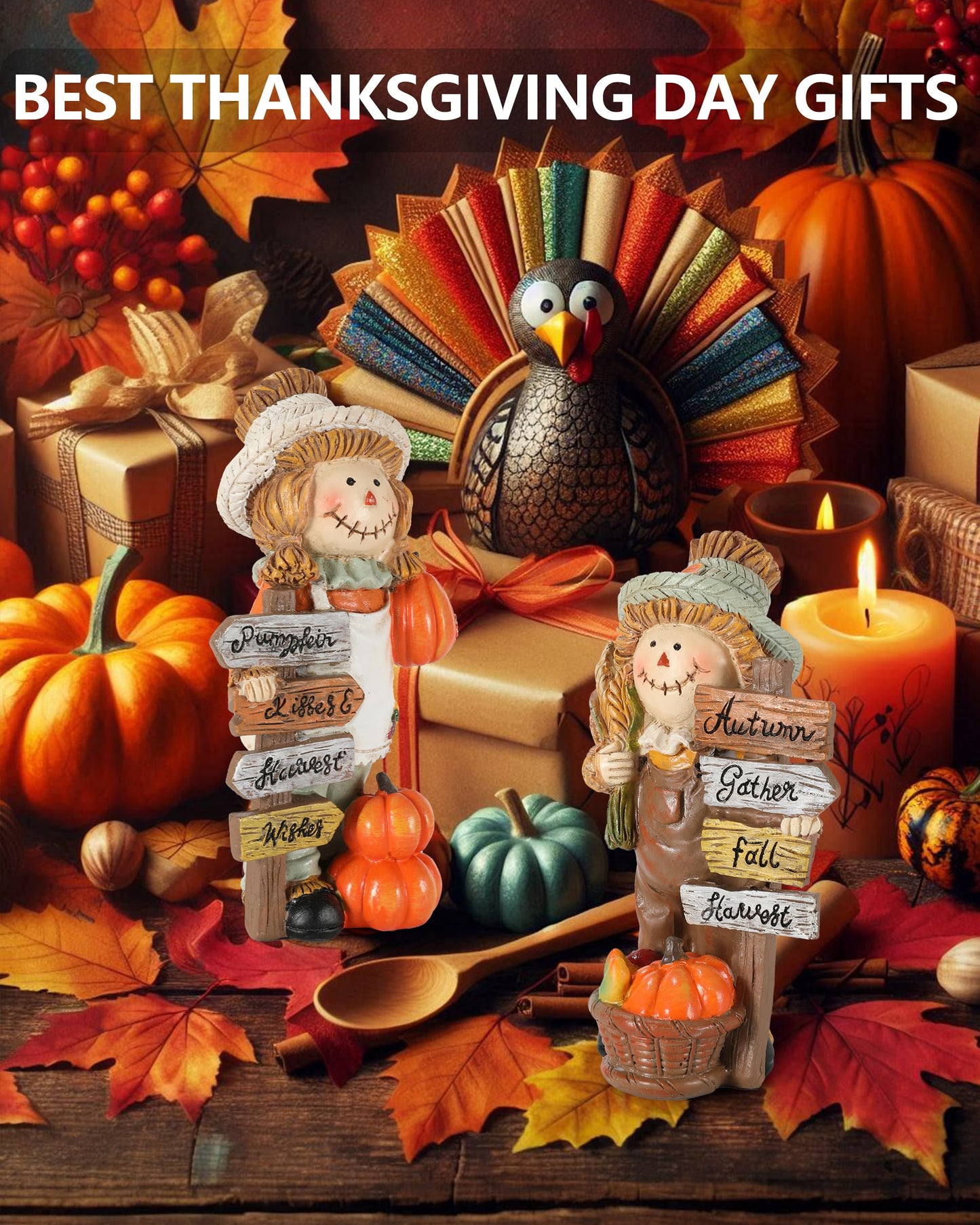 Gognome 2-Pack Thanksgiving Scarecrow Figurines With Inspirational Autumn Plaques - Durable Resin 5.5'' Thanksgiving Table Decor
