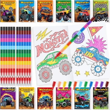 BenLouis 24 Monster Truck Mini Coloring Books Kids with 24 Stacking Crayons Monster Car Party Favors Activity Books Bulk for Kid