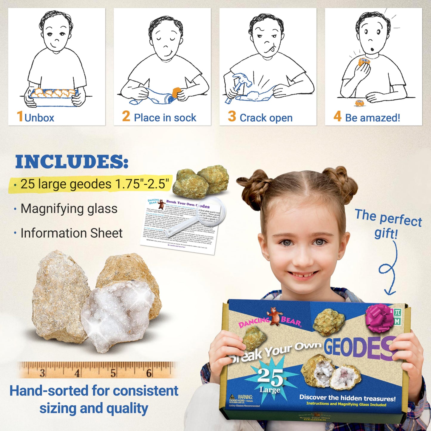 DANCING BEAR 25 Break Your Own Geodes  90% Hollow  (Large 1.75-2.5)  Open & Discover Amazing Surprise Crystals Inside! Educational Info and Instructions Included  Fun Party Favors & Prizes