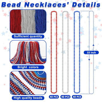 Huskein 120 Pcs 4Th Of July Necklace, 33'' Red Silver Blue Metallic Beaded Necklaces, Independence Day Party Accessories Patriot