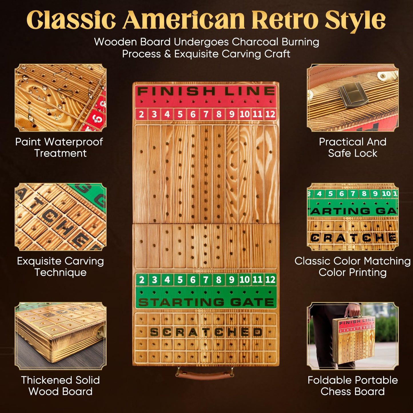 Horse Racing Game, Foldable Solid Wood Horse Games, Horse Race Board Game With 11 Metal Race Horses, Two Dice And Two Boxes Of C