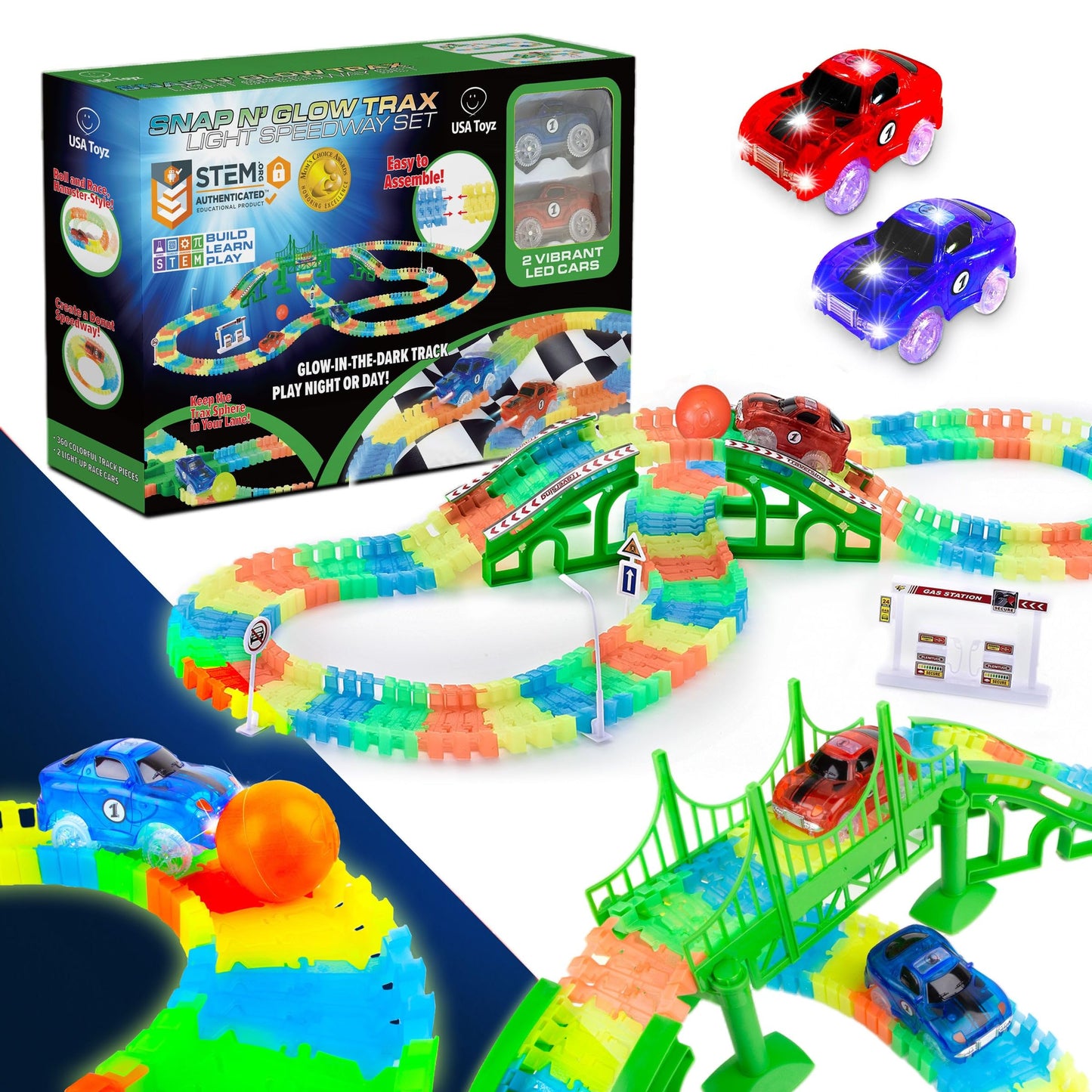 Usa Toyz Glow Trax Glow In The Dark Race Tracks For Kids- Speedway Race Car Track Set With 360Pk Flexible Roads, 2 Light Up Toy Cars, Bridges, Ramps, Play Set Stem Building Toys For Boys And Girls