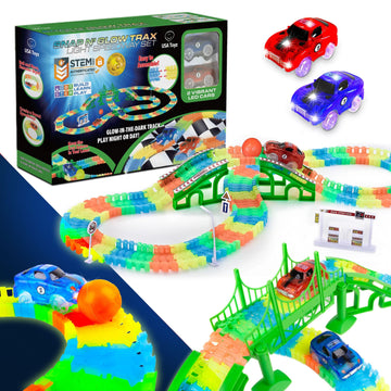 Usa Toyz Glow Trax Glow In The Dark Race Tracks For Kids- Speedway Race Car Track Set With 360Pk Flexible Roads, 2 Light Up Toy Cars, Bridges, Ramps, Play Set Stem Building Toys For Boys And Girls
