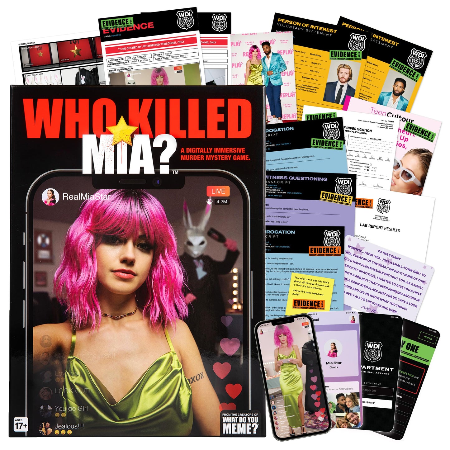 WHAT DO YOU MEME? Who Killed Mia? Murder Mystery Game for Adults, Cardstock, Black, Model WKM4009