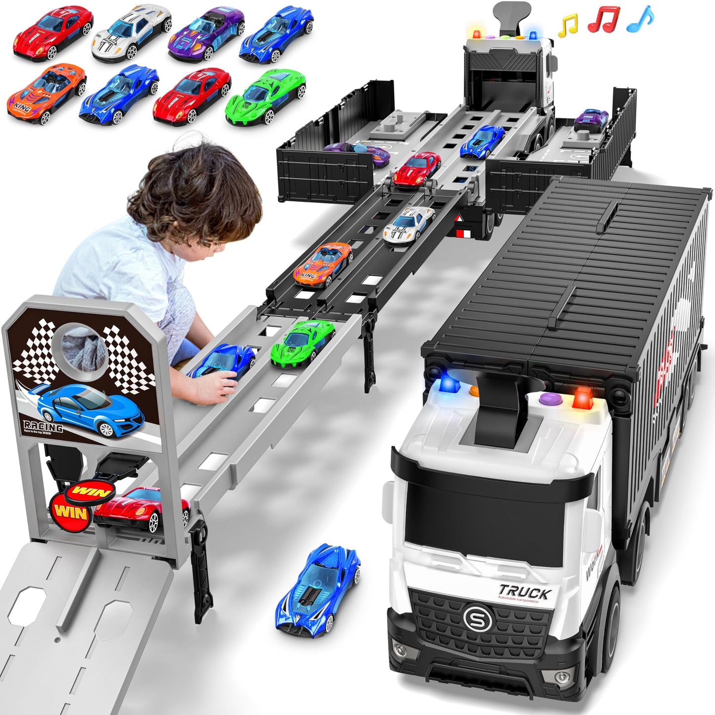 Carrier Truck Race Track Boys Toys, Foldable 3 Layer Car Race Track Playset, Toy Truck Transport Car Carrier & 8 Race Cars, Truc