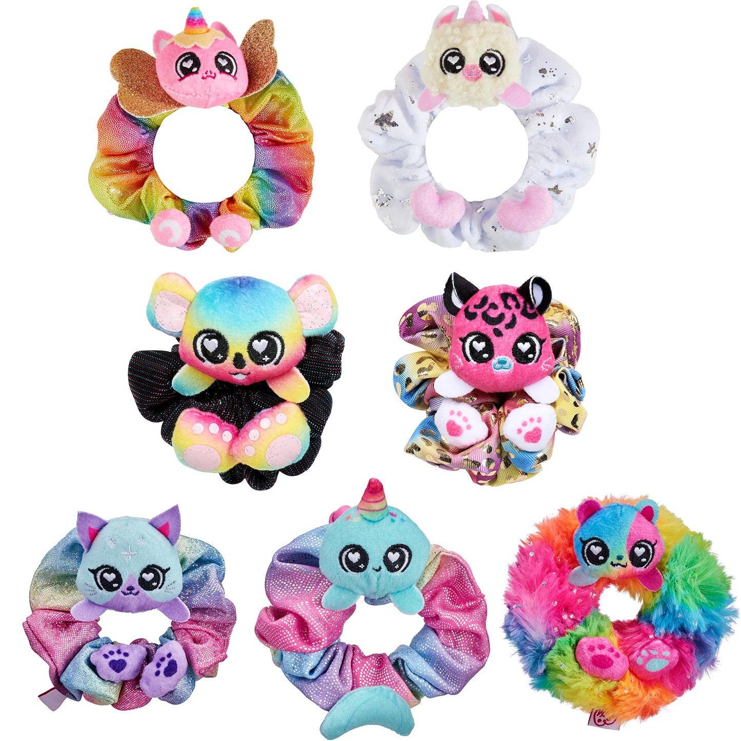 Scrunchmiez SCRUNCHMIEZ 96553 Seven Pack Hair Scrunchies - Multicolor Plush Friends & Backpack Clips, Polyester