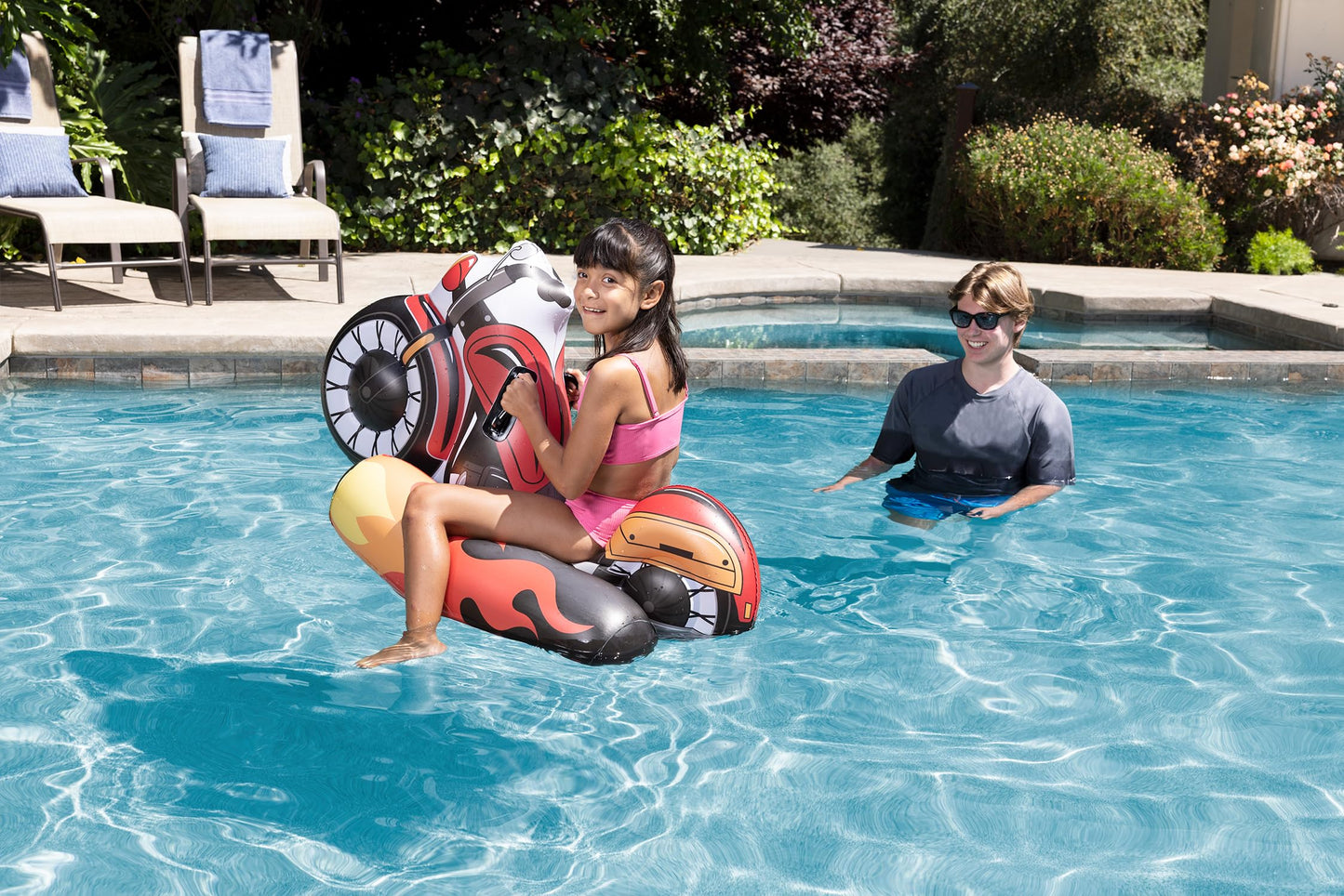 Poolmaster Inflatable Motorcycle Pool Float Toy for Kids, Large Red Vinyl, Model 81752