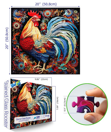 Vibrant Rooster 500 Piece Jigsaw Puzzle for mature-themeds Colorful Folk Art Decorative Challenge Puzzle enhanced 20 x20  Art Puzzle for Puzzle Lovers