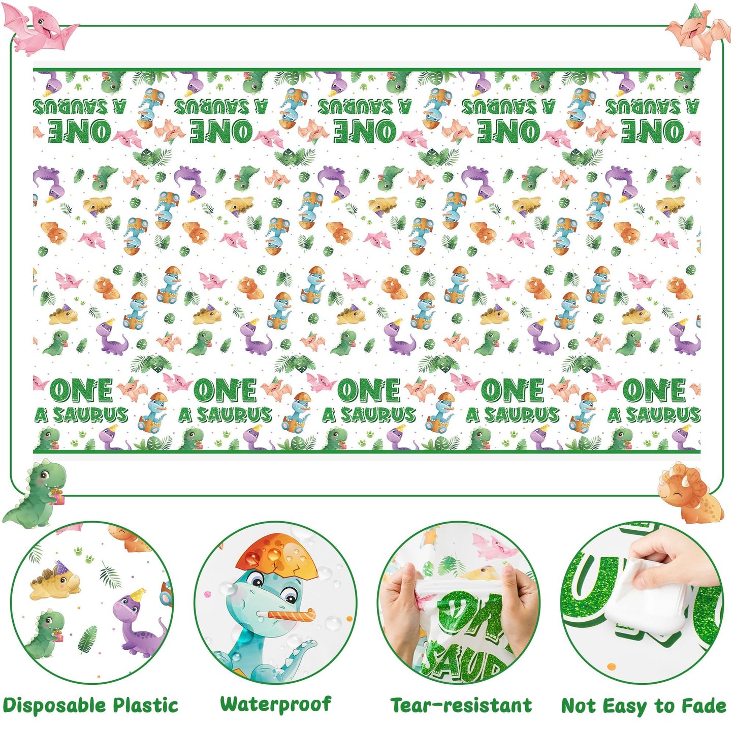 Dinosaur 1st Birthday Party Tablecloths - 3Pcs One A Saurus Party Table Cover Decorations, Dinosaur Themed Rectangular Plastic D
