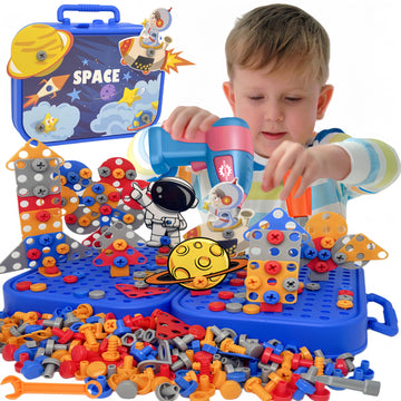 AquaArcc Drill Toy for Boys Age 4-8, 351pc Kids Montessori Construction Toy Electric Drill Toy with Fix Tool Box, Boys Toy Space