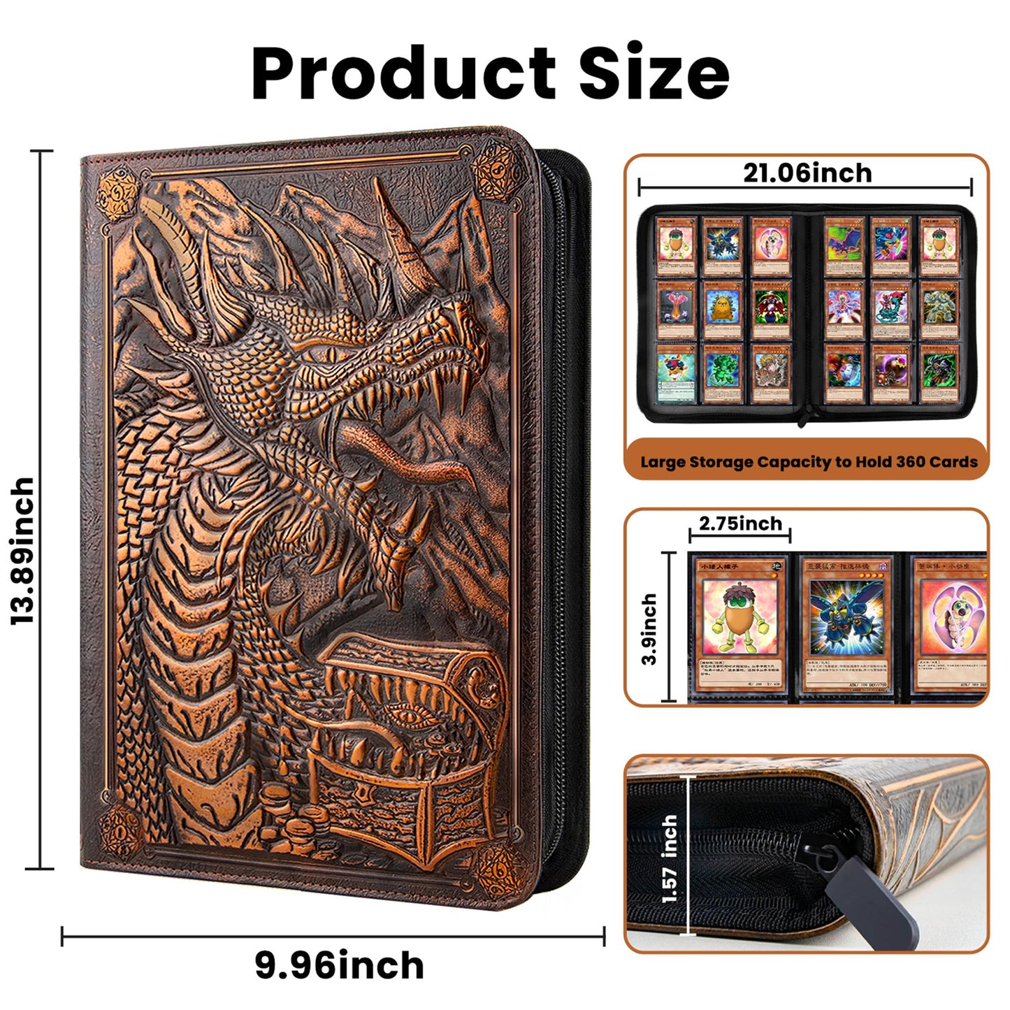 9 Pocket Card Binder  enhanced Zip Trading Card Binder  360 Double Sided Pocket PU Collection Binder  Dragon Design Collector Album  Card Folder for MTG  TCG  Sports Cards (red copper)