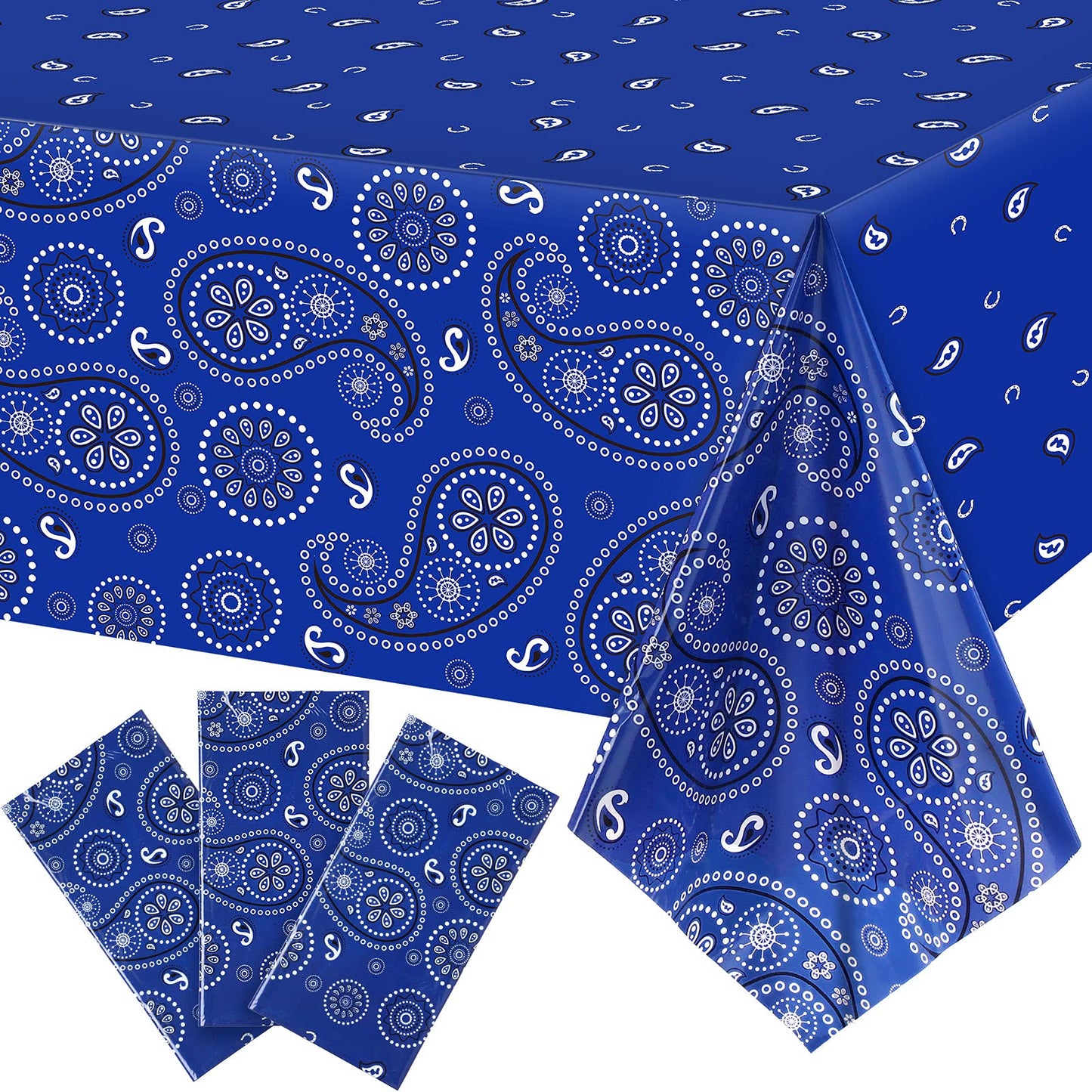 Western Party Tablecloth Paisley Table Cover Bandana Plastic Table Cloth Rectangle Floral Tablecloth For Western Cowboy Themed Party Decorations, 108 X 54 Inches (Blue, 3 Pack)
