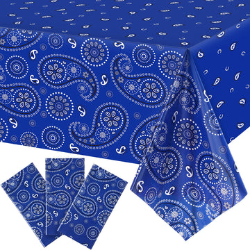 Western Party Tablecloth Paisley Table Cover Bandana Plastic Table Cloth Rectangle Floral Tablecloth For Western Cowboy Themed Party Decorations, 108 X 54 Inches (Blue, 3 Pack)