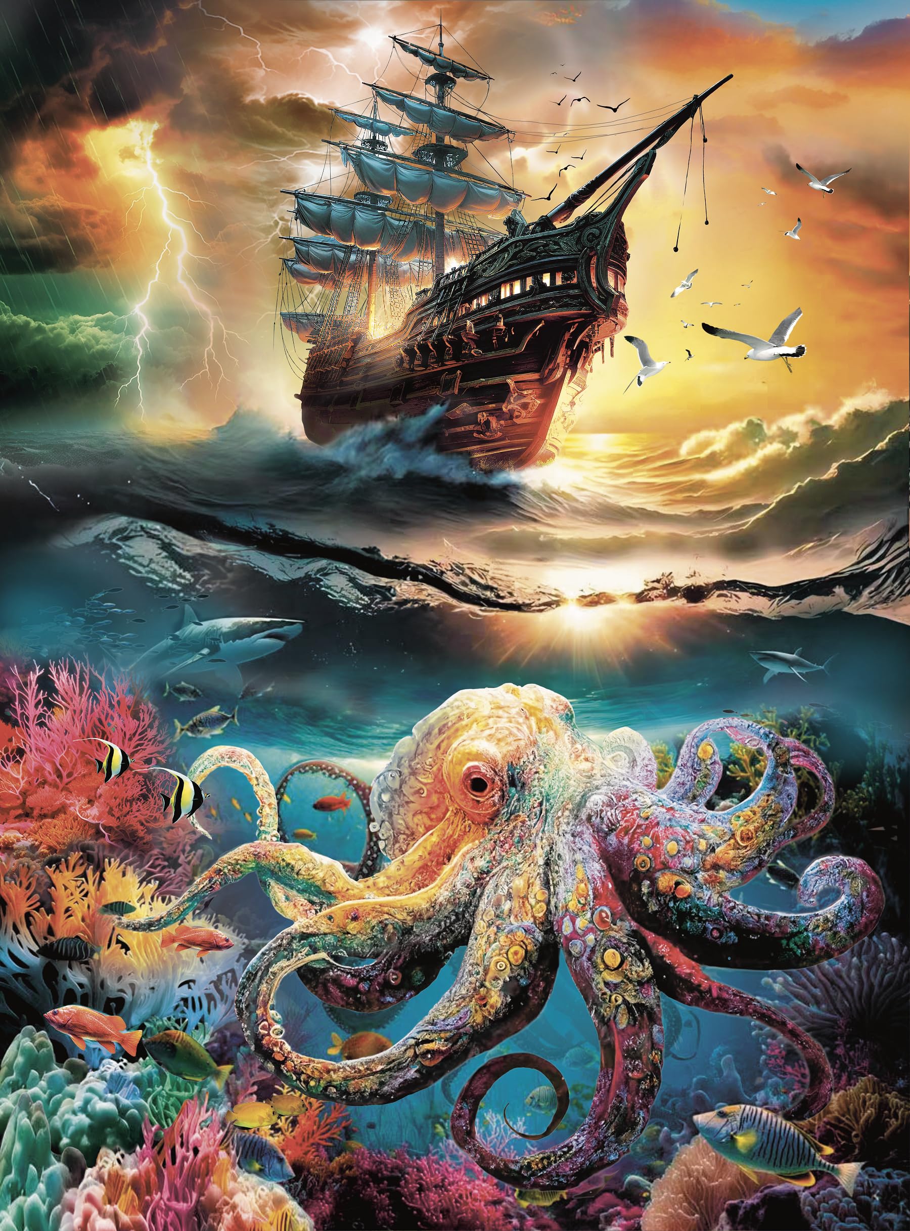 500 Piece Jigsaw Puzzle for mature-themed Intricate Nautical Octopus Puzzle  Stormy Sea Ship Scenery Difficult and Challenge Large Puzzle Game Toys Gift