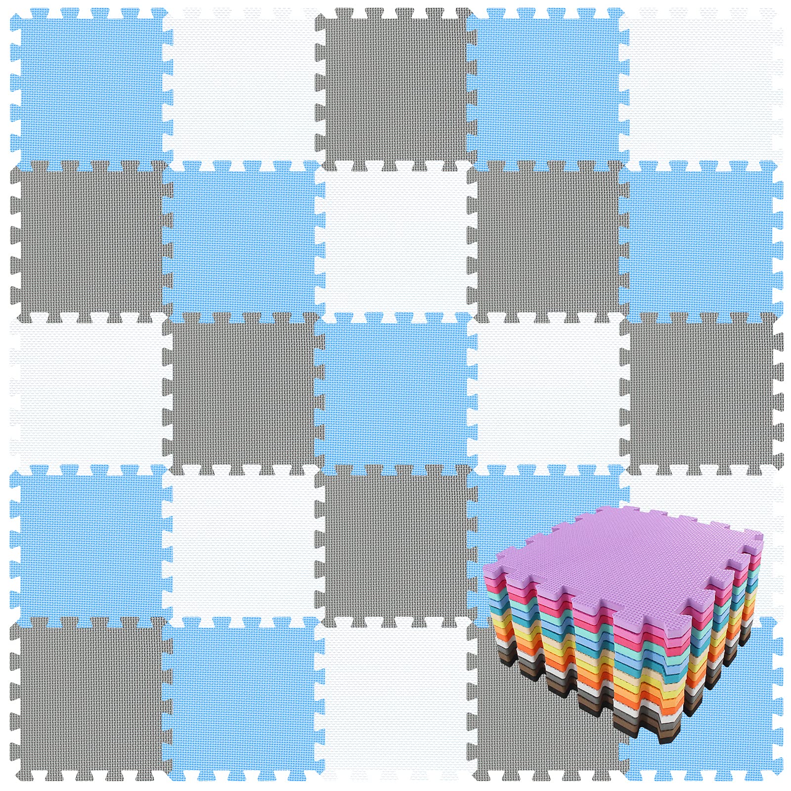 qqpp EVA Rubber 18 Tiles Interlocking Puzzle Foam Floor Mats - Baby Play Mat for Playing | Exercise Mat for Home Workout. White, Blue, Gray. QC-AGLb18N -Like New