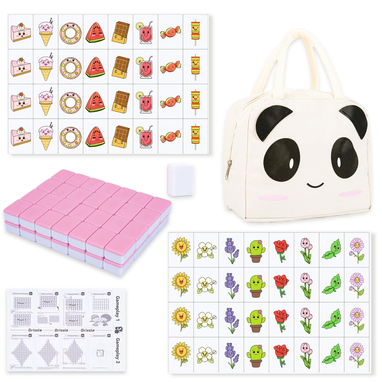 drizzle 65 Tiles Seaside Escape Game Blocks 30mm - Instruction Manual Panda Bag - Donuts and Plants