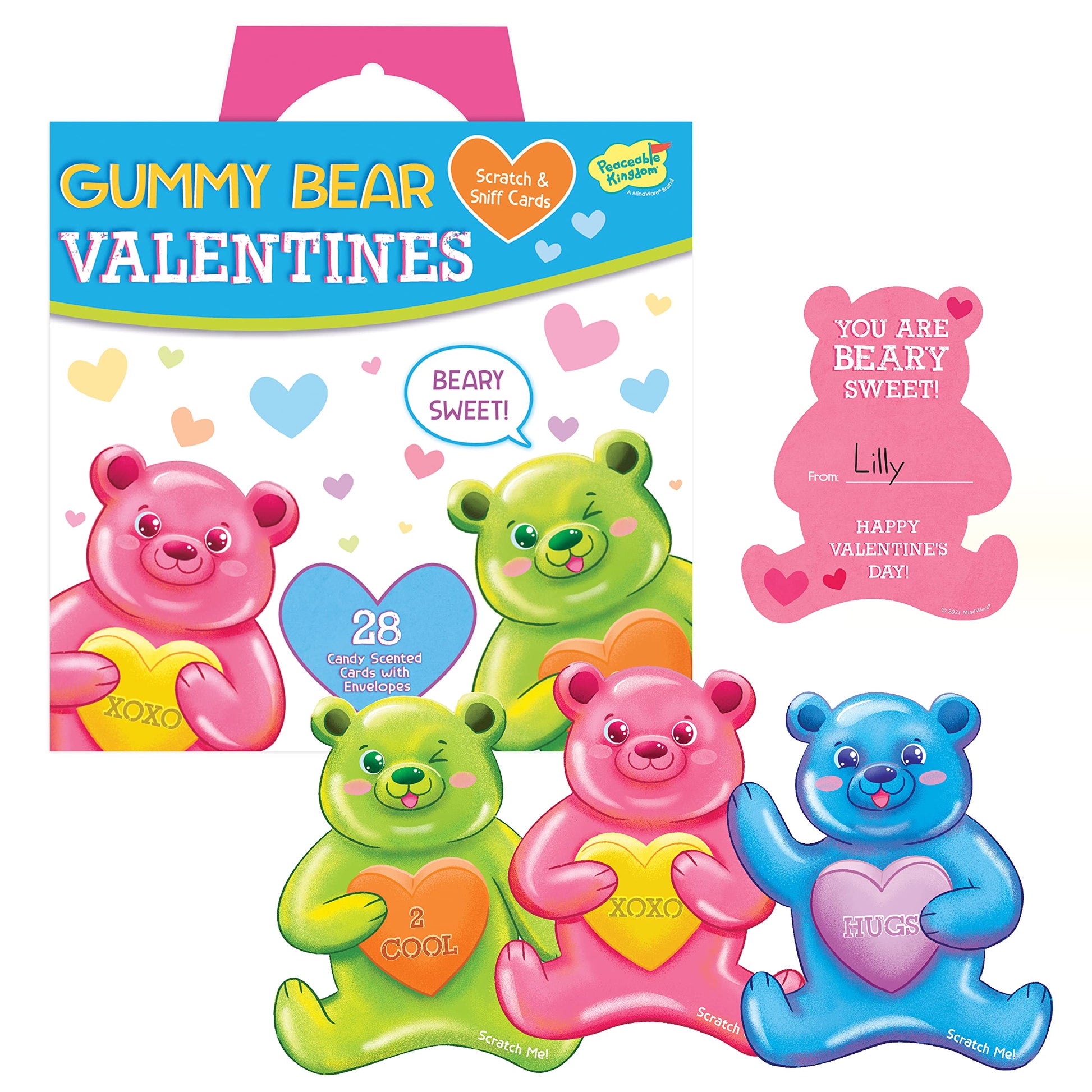 Peaceable Kingdom Valentines Cards for Kids Classroom, Set of 28 Valentines Day Gifts - Gummy Bear Scratch and Sniff Scented Can