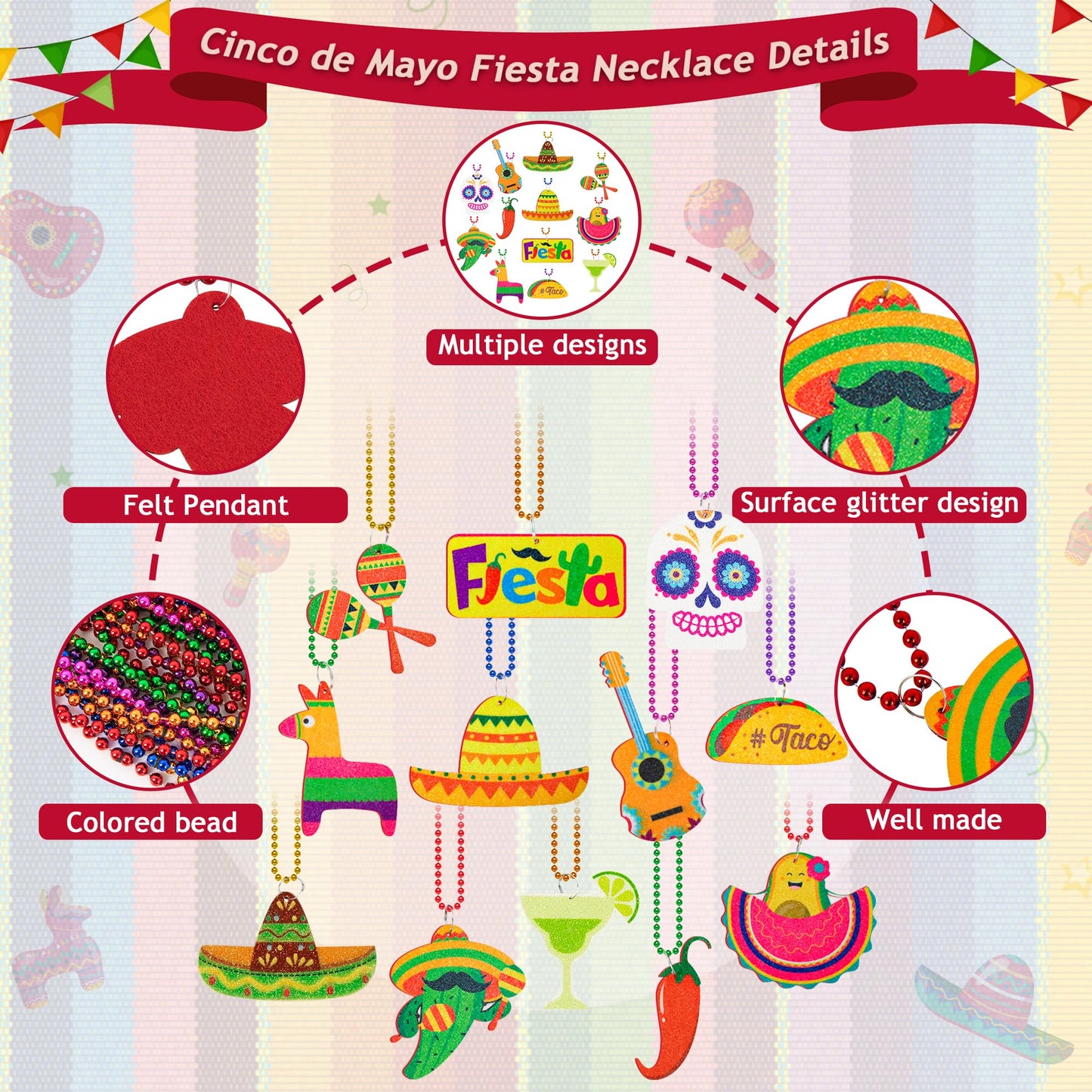 Eoboh 72Pcs Fiesta Party Necklace Decorations, Cinco De Mayo Mexican Beads, 12 Kinds Of Metallic Mexican Accessories Bulk, Fiest