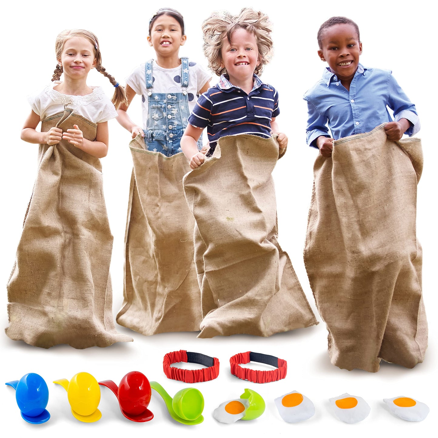 Outdoor Field Day Games  Potato Sack Race Bags for Kids and mature-themeds  Egg and Spoon Race  3 Legged Race Bands - with Storage Bag