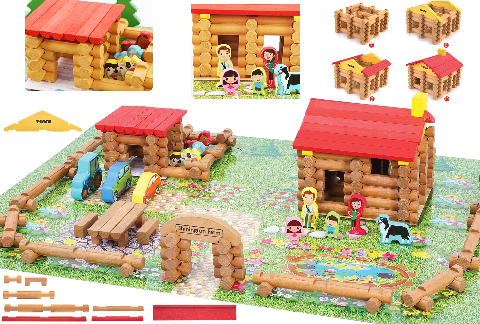 Wooden Logs Toys Farm Playset- Logs Building Set Farm House Wooden Construction Toys 207 Pieces for 3 4 5 6 Year olds