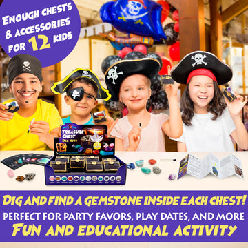 Dancing Bear Treasure Chest Dig Kit Party Pack For 12 Kids, Excavate 12 Surprise Real Gems & Crystals, Stem Education, Fun Pirate Booty Hunt, Science Activity Gift Sets For Girls And Boys